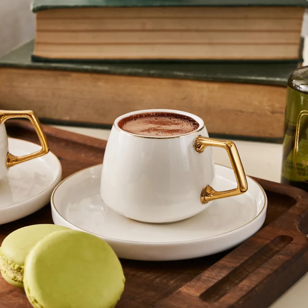 Karaca Streamline Saturn 12-Piece Porcelain Espresso Turkish Coffee Cup Set for 6 People, 100ml, White Gold