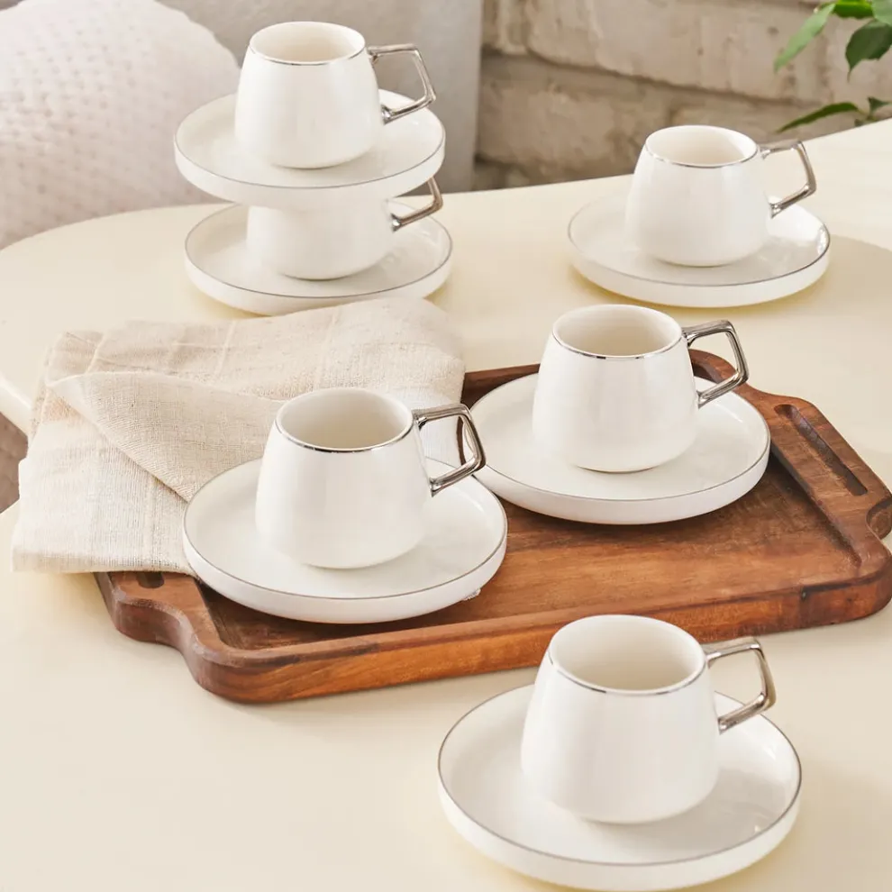 Karaca Streamline 12-Piece Porcelain Espresso Turkish Coffee Cup Set for 6 People, 100ml, White Silver