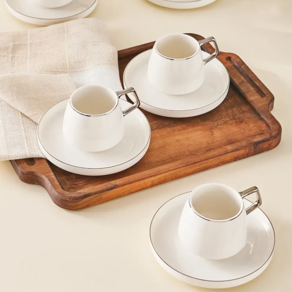 Karaca Streamline 12-Piece Porcelain Espresso Turkish Coffee Cup Set for 6 People, 100ml, White Silver