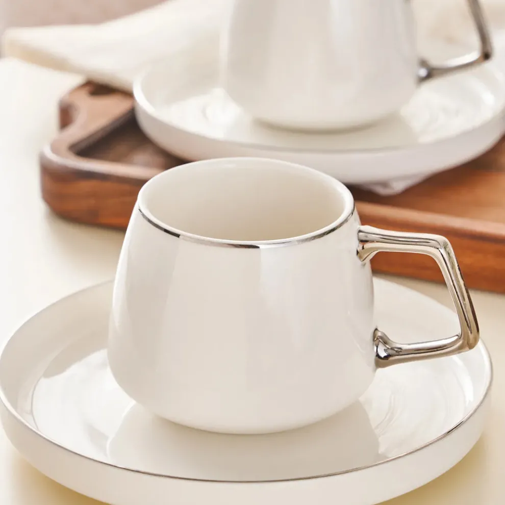 Karaca Streamline 12-Piece Porcelain Espresso Turkish Coffee Cup Set for 6 People, 100ml, White Silver