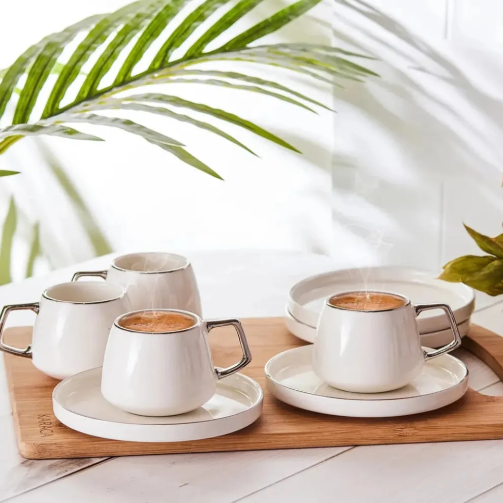 Karaca Streamline 12-Piece Porcelain Espresso Turkish Coffee Cup Set for 6 People, 100ml, White Silver