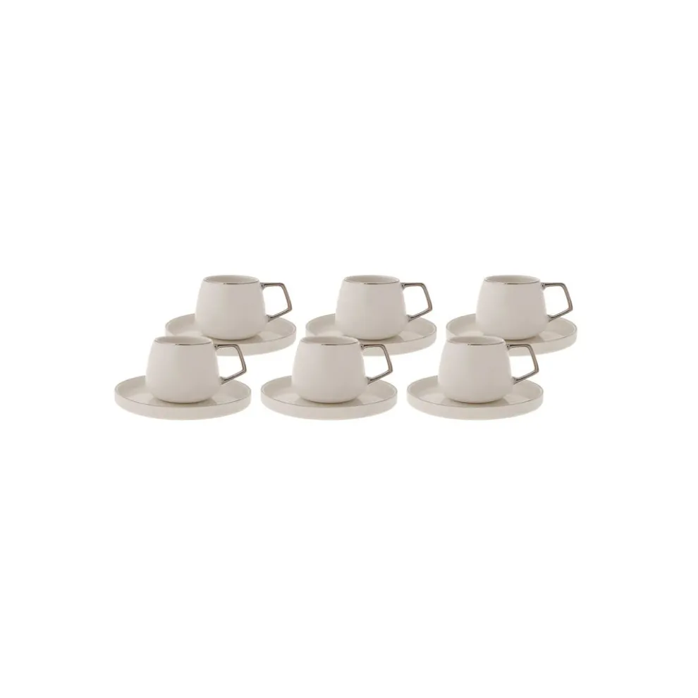 Karaca Streamline 12-Piece Porcelain Espresso Turkish Coffee Cup Set for 6 People, 100ml, White Silver