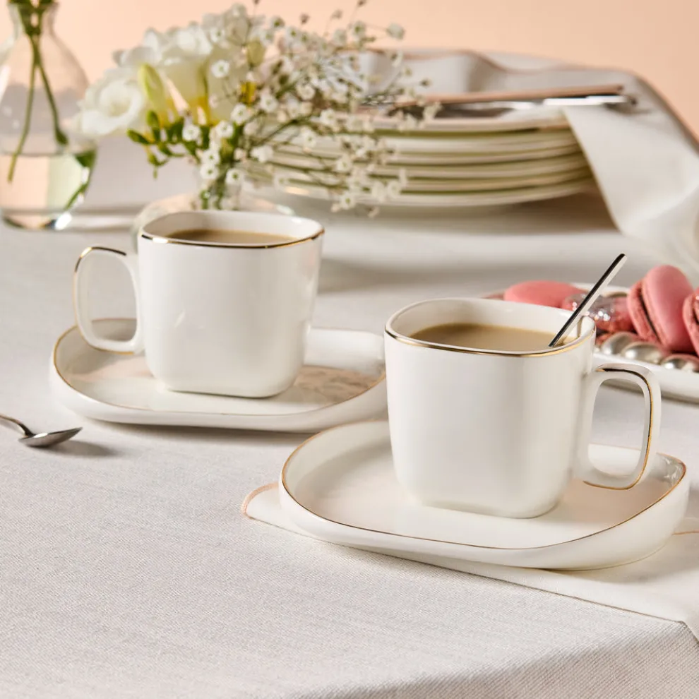 Karaca Streamline Plato 4-Piece Tea Cup and Saucer Set for 2 People, 220ml, White