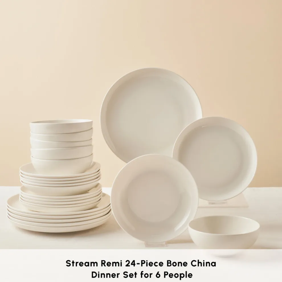 Karaca Streamline Remi Bone China 24-Piece Dinner Set for 6 People, White