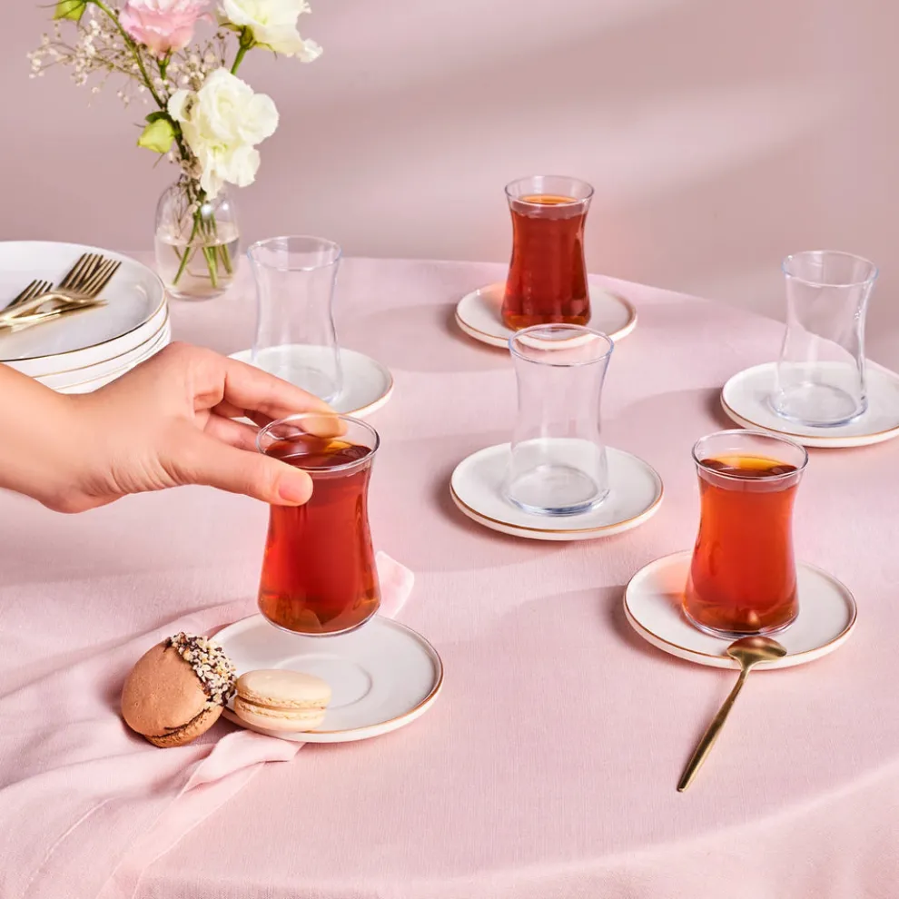 Karaca Streamline Meridian 12-Piece Turkish Tea Set for 6 People, Gold