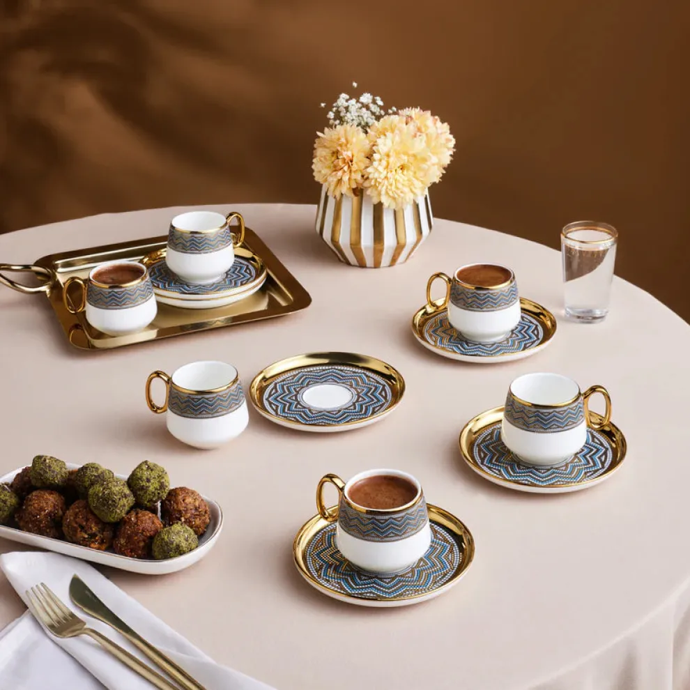 Karaca Suadiye 12-Piece Porcelain Espresso Turkish Coffee Cup for 6 People, 90ml, Blue