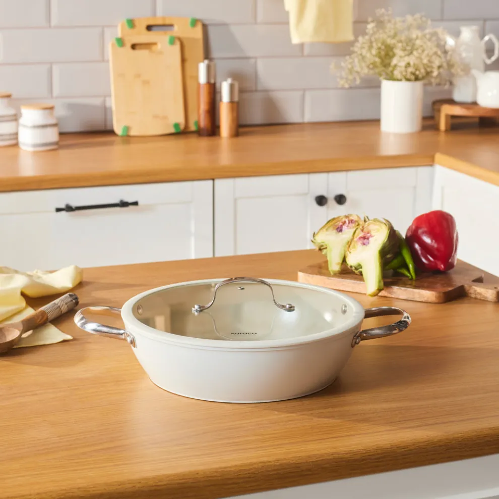 Karaca Swiss Crystal Almond Cream Non-Stick Induction Stainless Steel Handle Shallow Casserole & Lid, 30cm, Cream