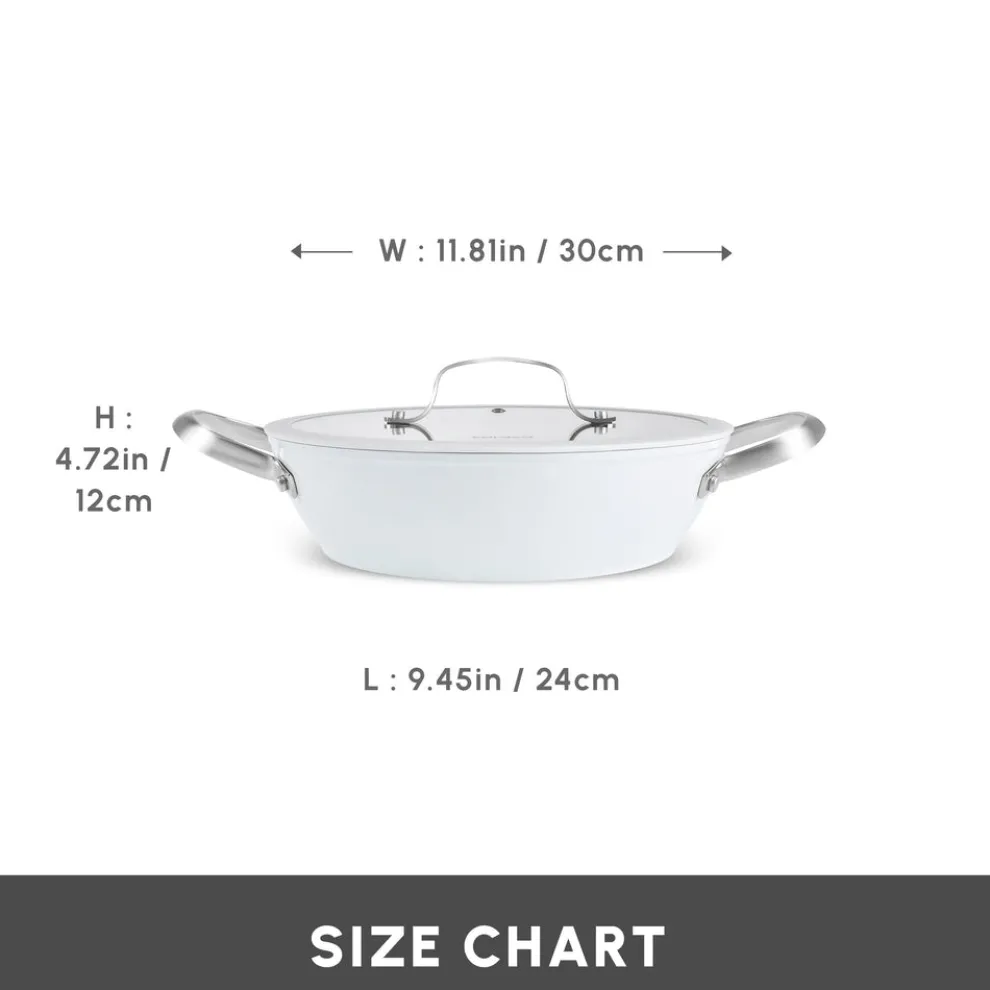 Karaca Swiss Crystal Almond Cream Non-Stick Induction Stainless Steel Handle Shallow Casserole & Lid, 30cm, Cream