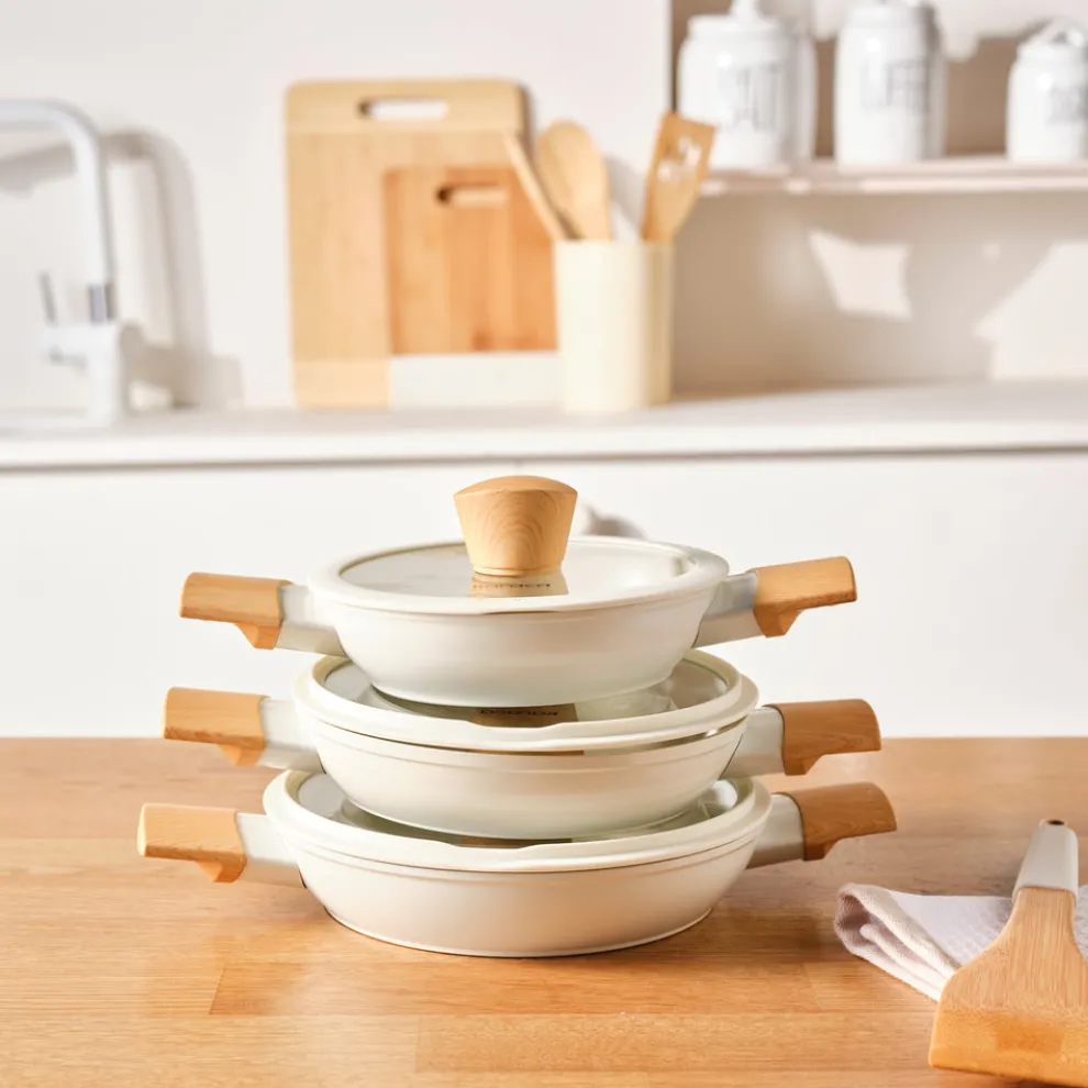 Karaca Swiss Crystal Almond 6-Piece Non-Stick Induction Shallow Casserole Set, Cream