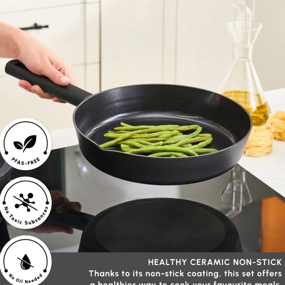 Karaca Swiss Crystal Midnight 6-Piece Ceramic Non-Stick Induction Cookware Set, Black