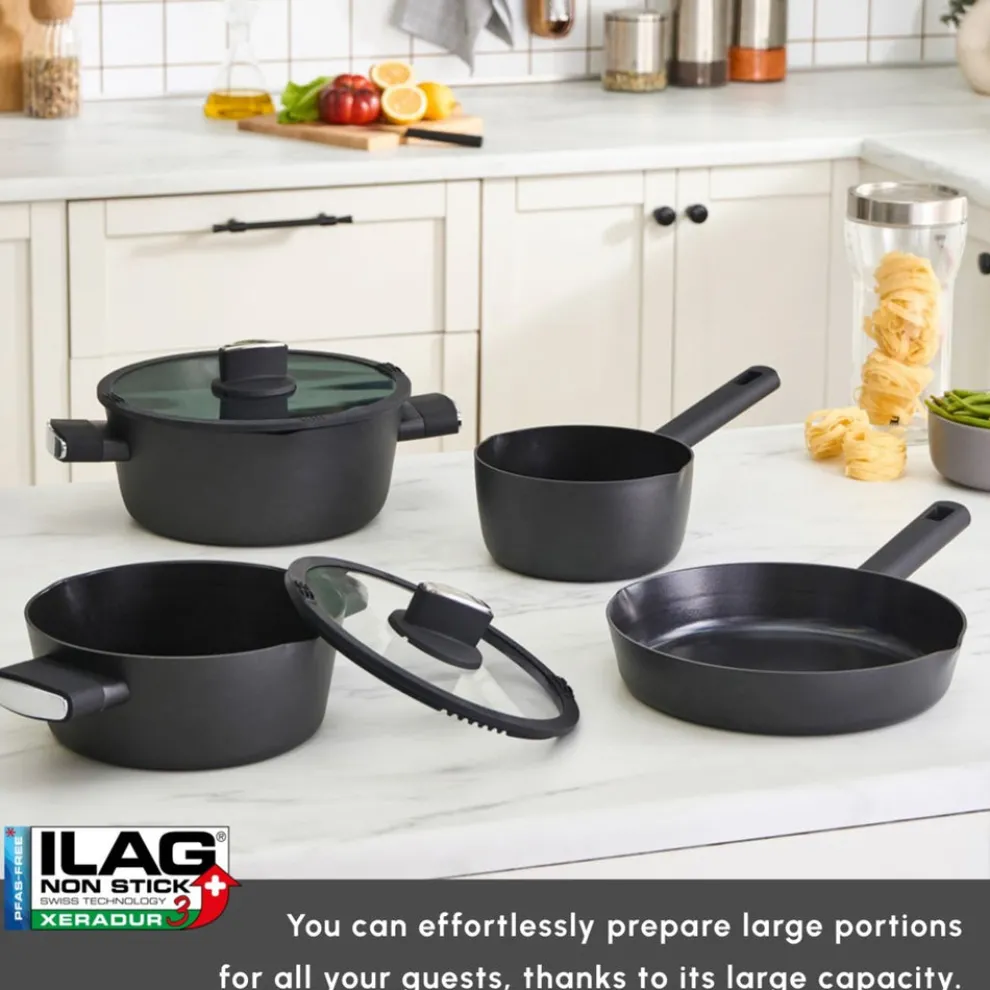 Karaca Swiss Crystal Midnight 6-Piece Ceramic Non-Stick Induction Cookware Set, Black