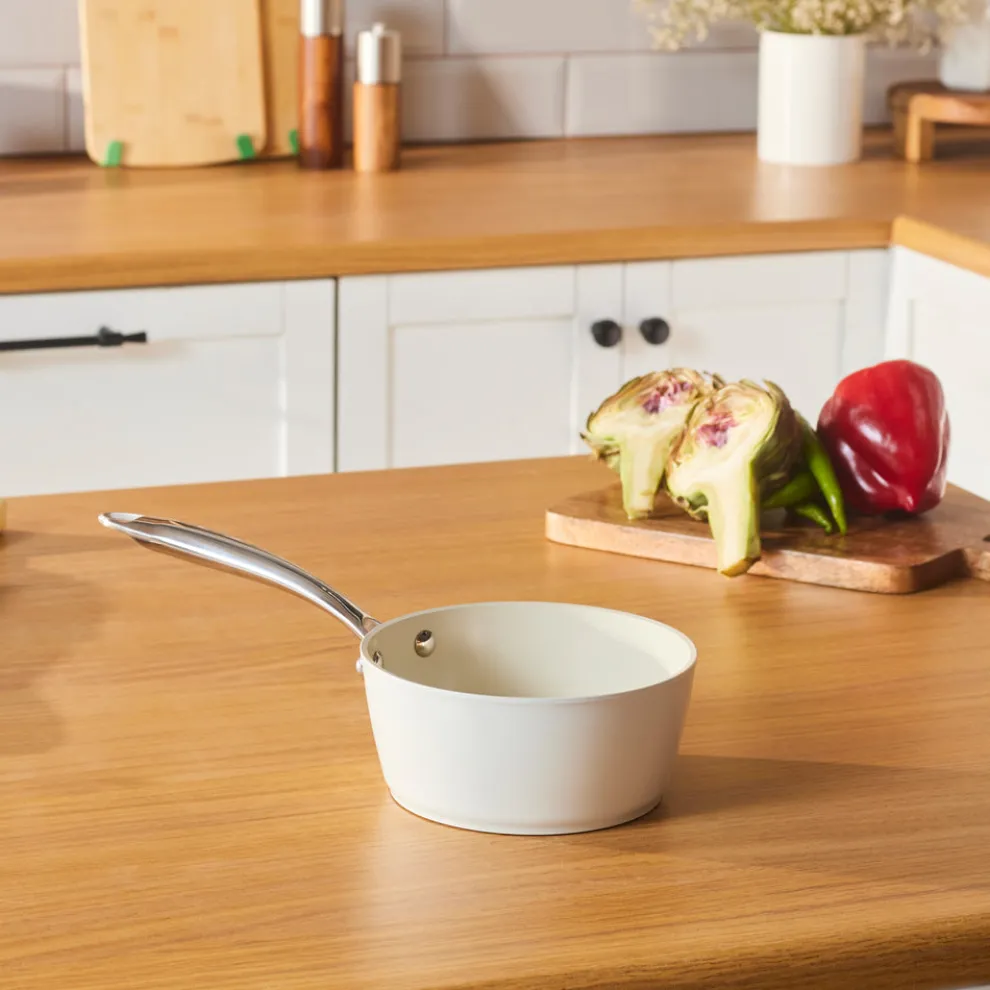 Karaca Swiss Crystal Almond Cream Non-Stick Induction Stainless Steel Handle Sauce Pan, 16cm, Cream