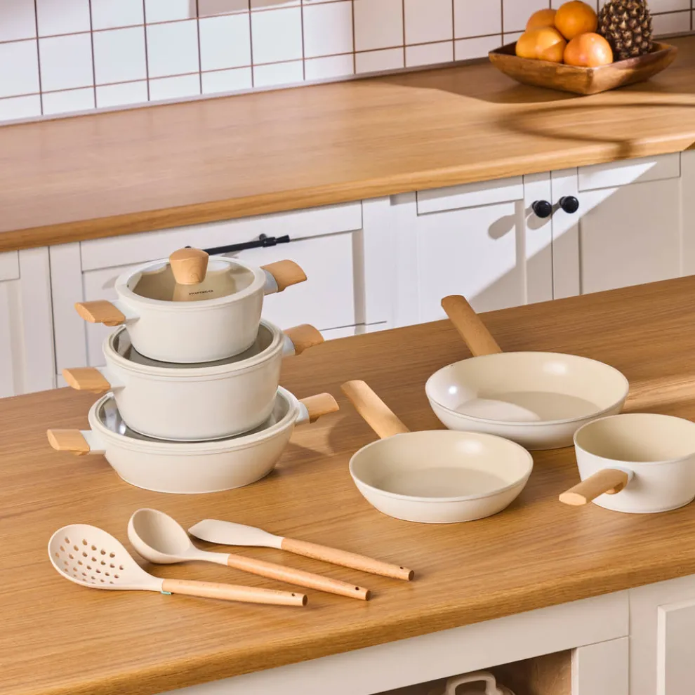 Karaca Swiss Crystal Almond Cream 12-Piece Non-Stick Induction Ceramic Cookware Set, Cream