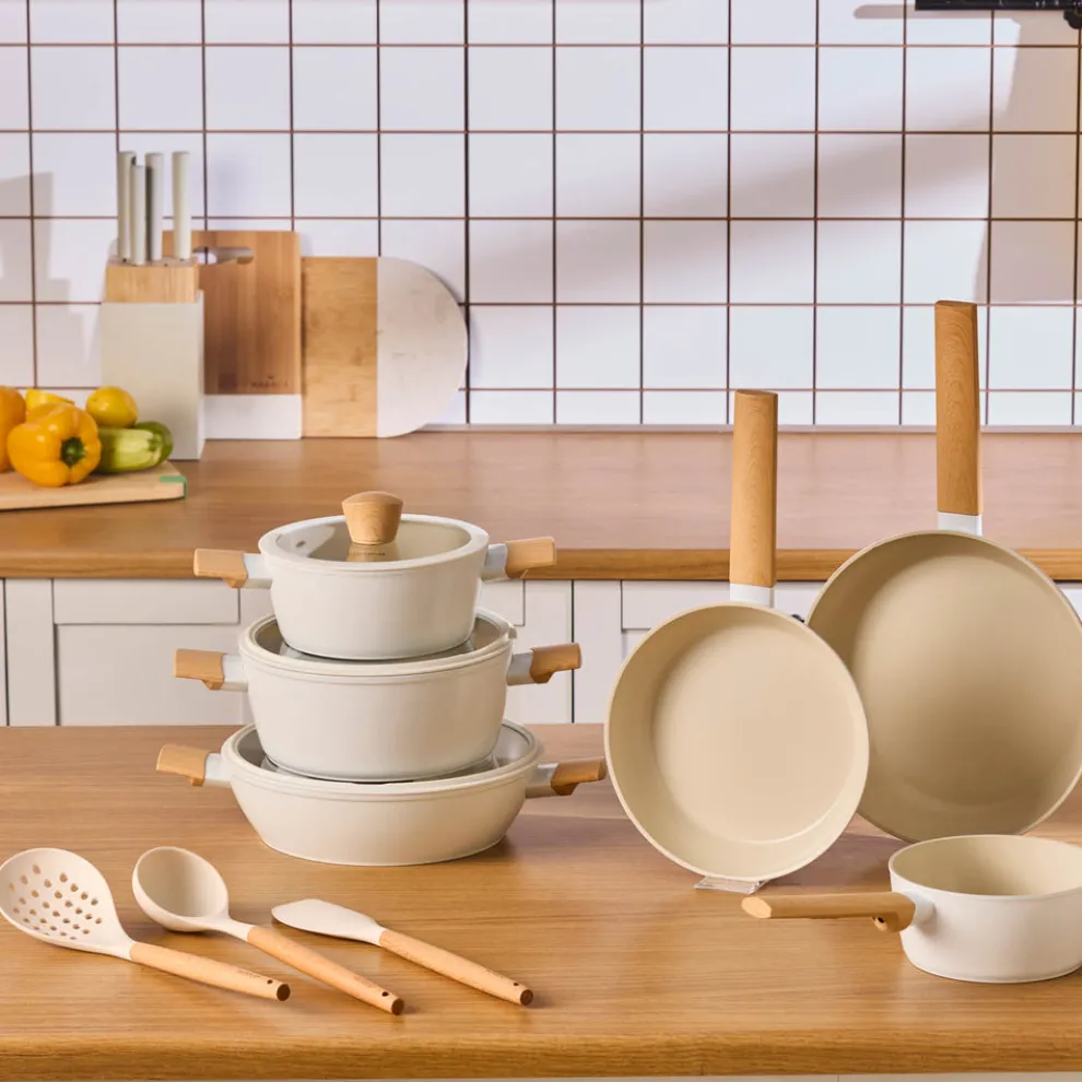 Karaca Swiss Crystal Almond Cream 12-Piece Non-Stick Induction Ceramic Cookware Set, Cream