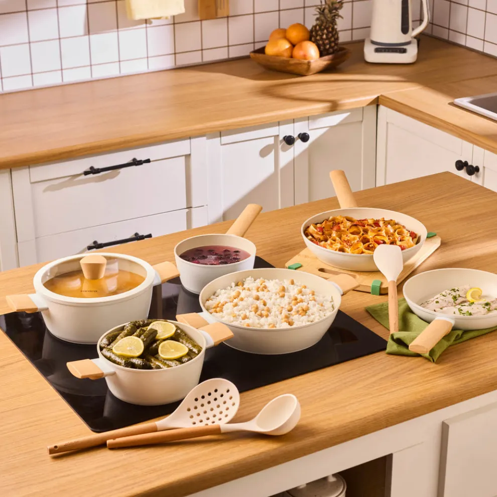 Karaca Swiss Crystal Almond Cream 12-Piece Non-Stick Induction Ceramic Cookware Set, Cream