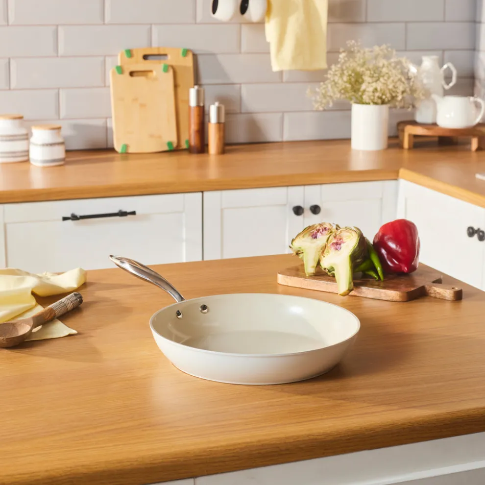 Karaca Swiss Crystal Almond Cream Non-Stick Induction Stainless Steel Handle Pan, 30cm, Cream