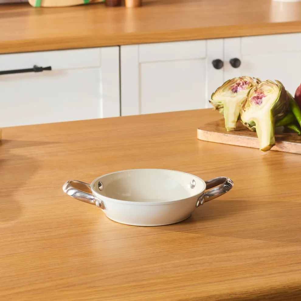 Karaca Swiss Crystal Almond Cream Non-Stick Induction Stainless Steel Handle Shallow Pan, 16cm, Cream