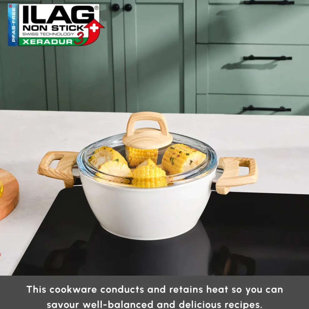 Karaca Swiss Crystal Non-Stick Induction Stockpot with Lid, 20cm, Creamy