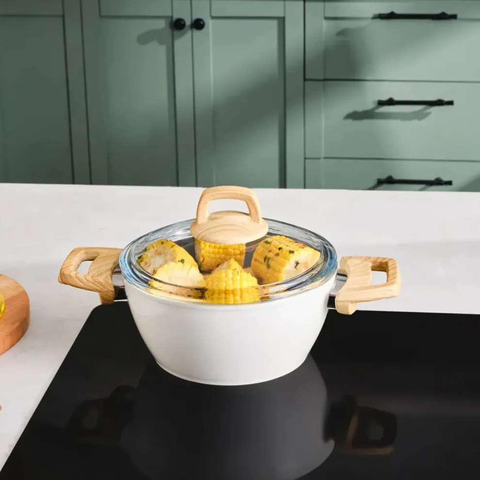 Karaca Swiss Crystal Non-Stick Induction Stockpot with Lid, 20cm, Creamy