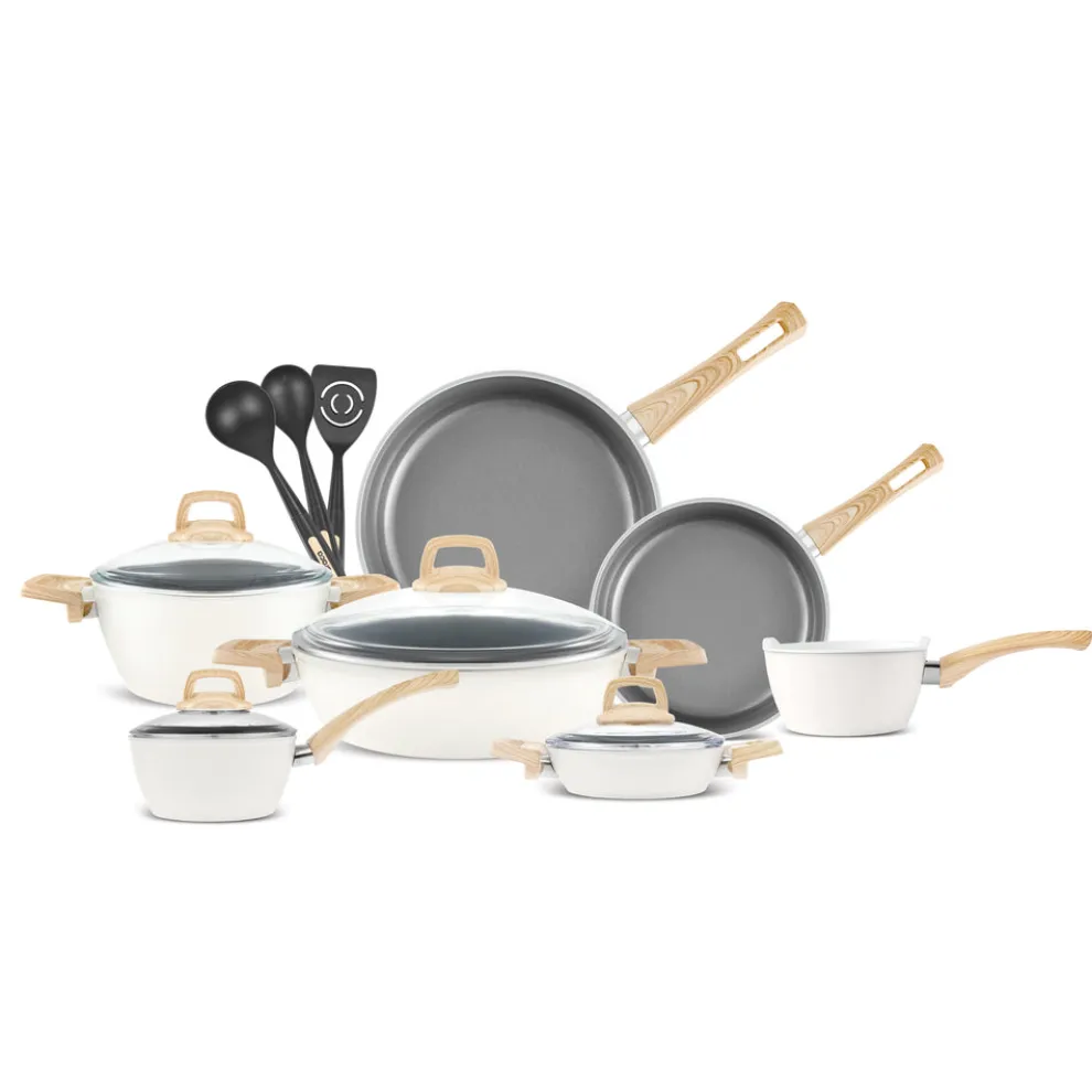 Karaca Swiss Crystal 15-Piece Non-Stick Induction Cookware Set, Creamy