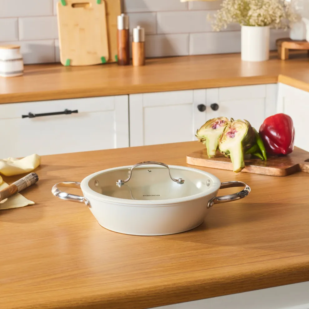 Karaca Swiss Crystal Almond Cream Non-Stick Induction Stainless Steel Handle Shallow Casserole & Lid, 26cm, Cream