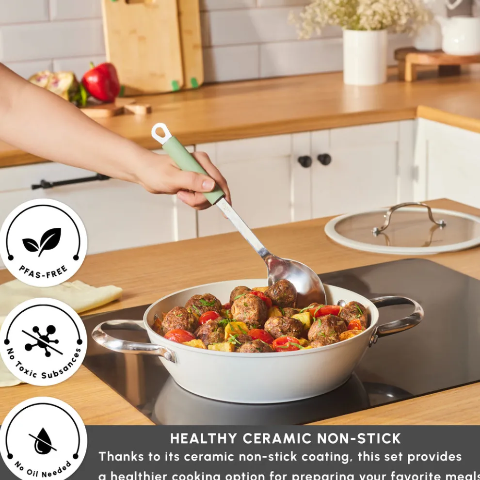 Karaca Swiss Crystal Almond Cream Non-Stick Induction Stainless Steel Handle Shallow Casserole & Lid, 26cm, Cream