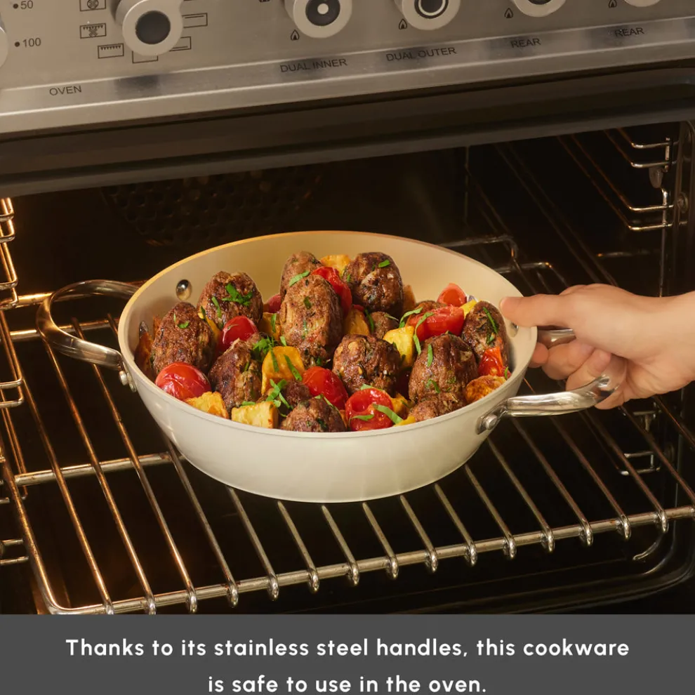 Karaca Swiss Crystal Almond Cream Non-Stick Induction Stainless Steel Handle Shallow Casserole & Lid, 26cm, Cream