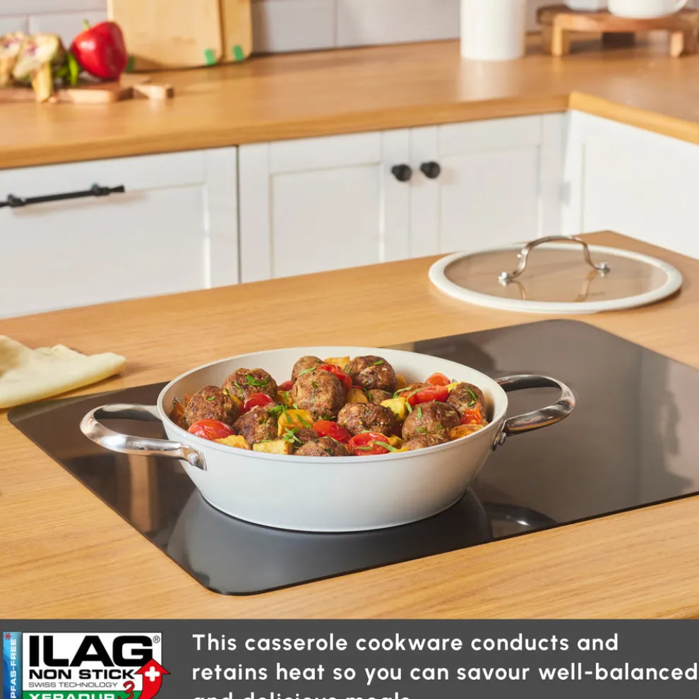 Karaca Swiss Crystal Almond Cream Non-Stick Induction Stainless Steel Handle Shallow Casserole & Lid, 26cm, Cream