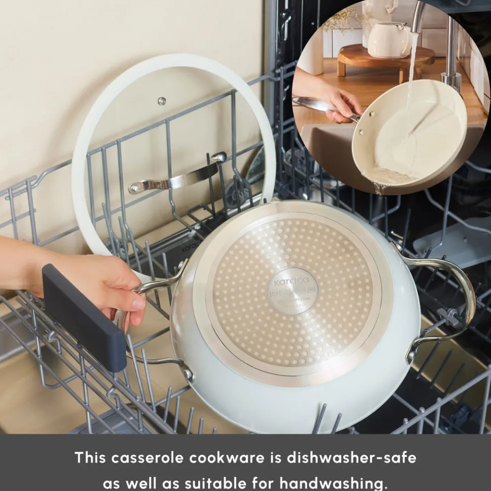 Karaca Swiss Crystal Almond Cream Non-Stick Induction Stainless Steel Handle Shallow Casserole & Lid, 26cm, Cream