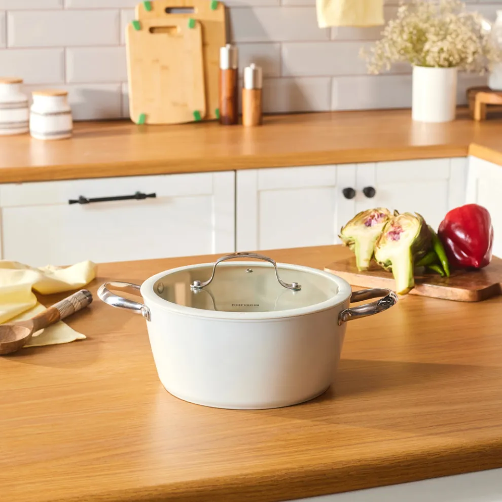 Karaca Swiss Crystal Almond Cream Non-Stick Induction Stainless Steel Handle Casserole & Lid, 20cm, Cream