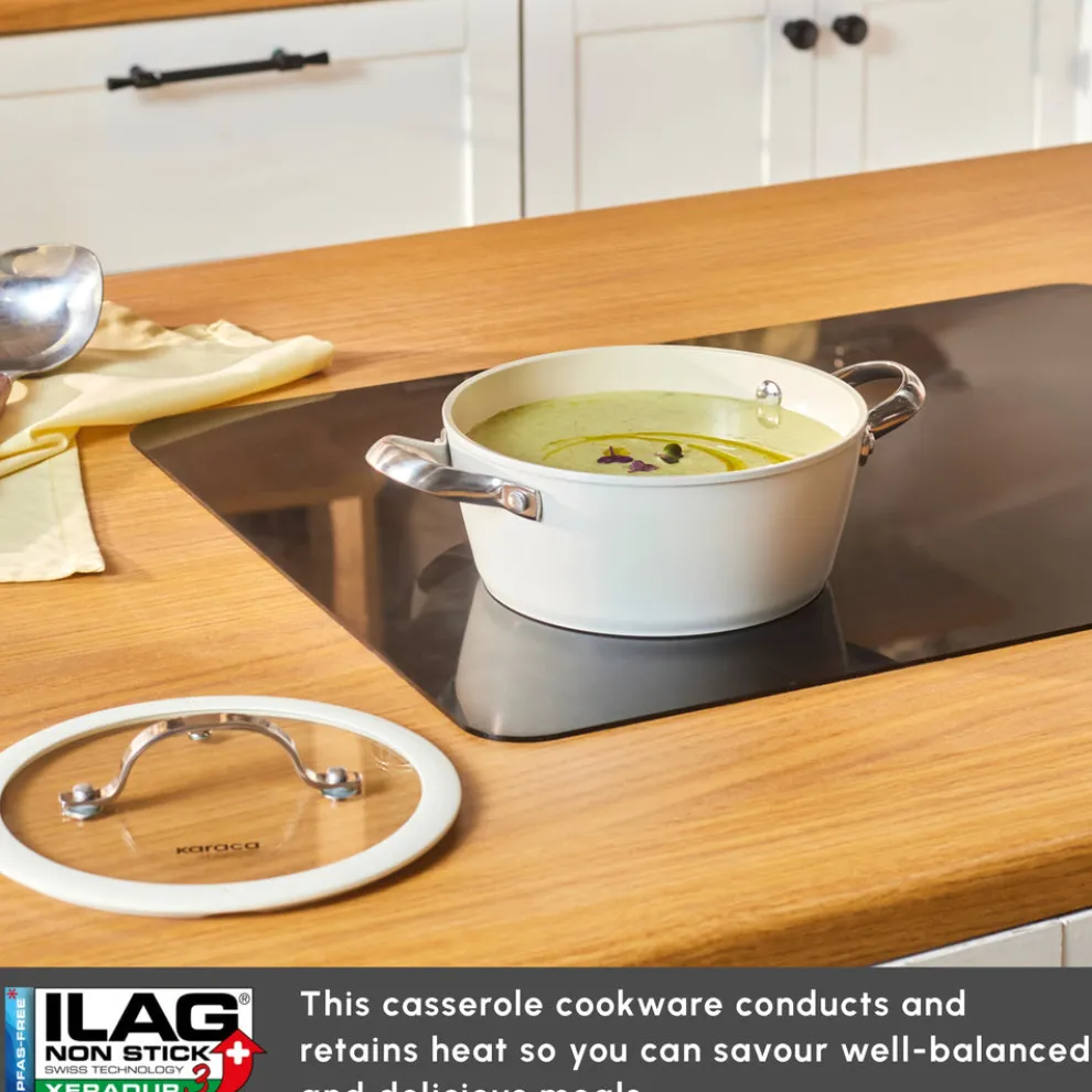 Karaca Swiss Crystal Almond Cream Non-Stick Induction Stainless Steel Handle Casserole & Lid, 20cm, Cream