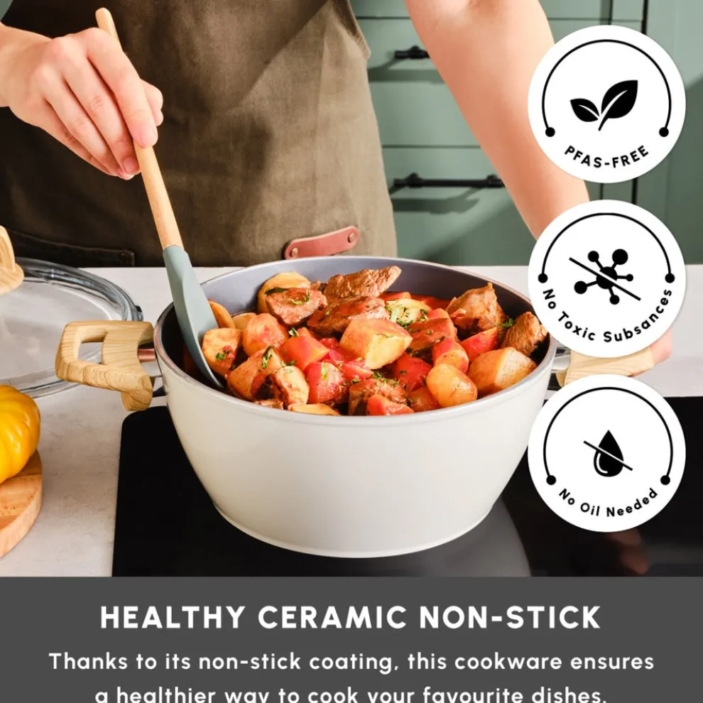 Karaca Swiss Crystal Non-Stick Induction Stockpot with Lid, 24cm, Creamy