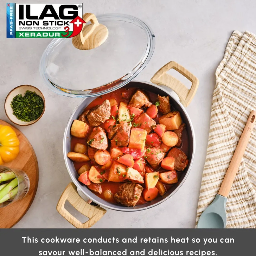 Karaca Swiss Crystal Non-Stick Induction Stockpot with Lid, 24cm, Creamy