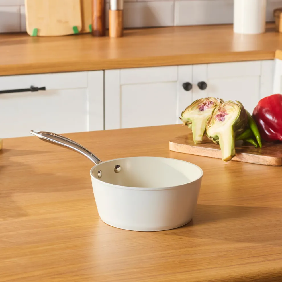 Karaca Swiss Crystal Almond Cream Non-Stick Induction Stainless Steel Handle Sauce Pan, 18cm, Cream