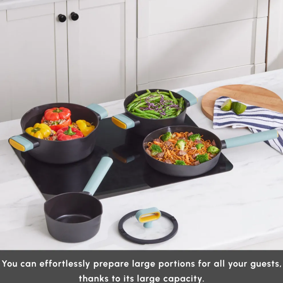 Karaca Swiss Crystal Fancy 7-Piece Ceramic Non-Stick Induction Cookware Set, Black