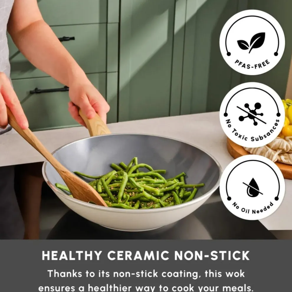 Karaca Swiss Crystal Non-Stick Induction Wok Pan, 28cm, Creamy