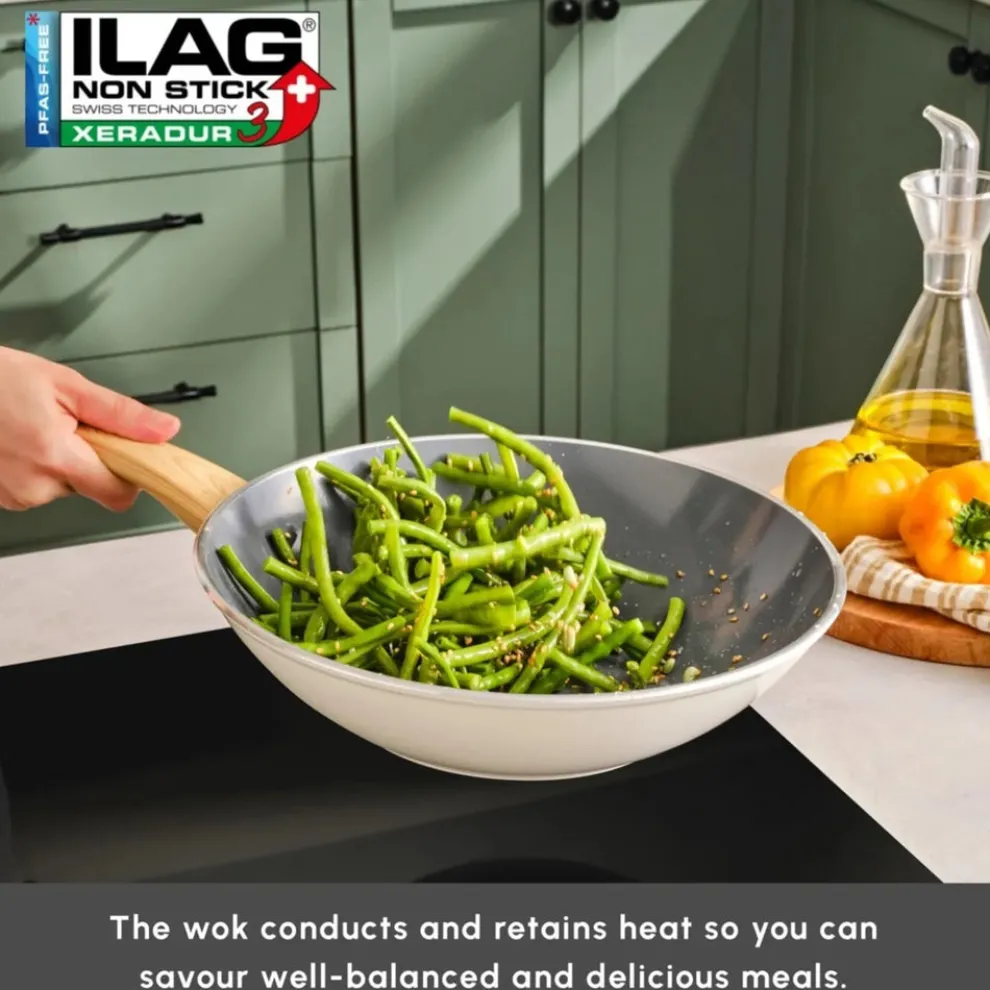 Karaca Swiss Crystal Non-Stick Induction Wok Pan, 28cm, Creamy