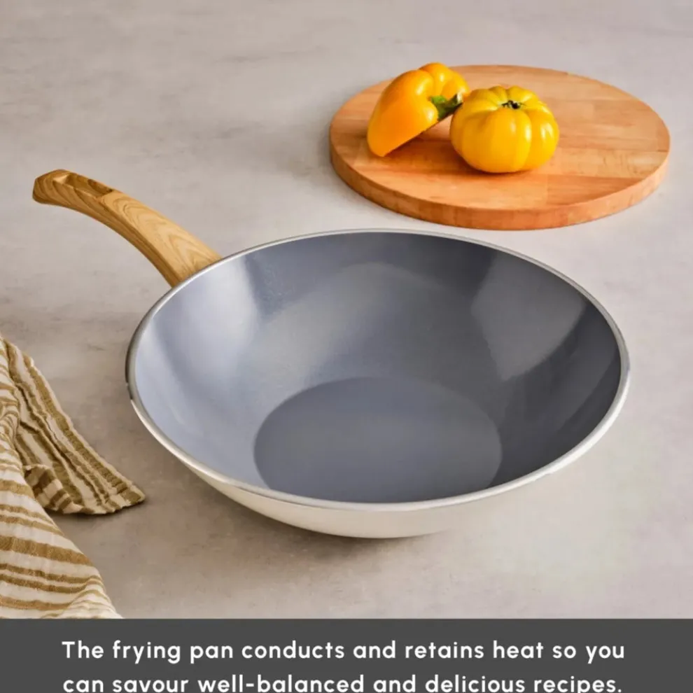 Karaca Swiss Crystal Non-Stick Induction Wok Pan, 28cm, Creamy