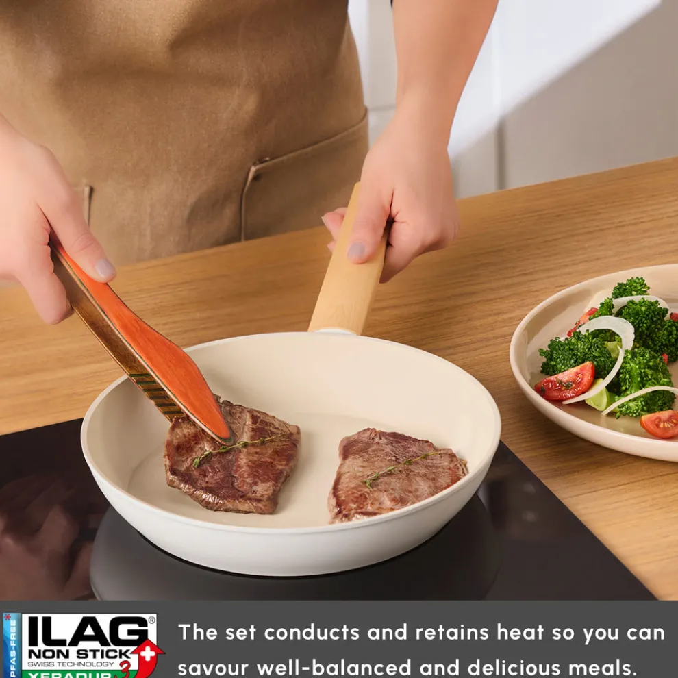 Karaca Swiss Crystal Almond 7-Piece Non-Stick Induction Cookware Set, Cream