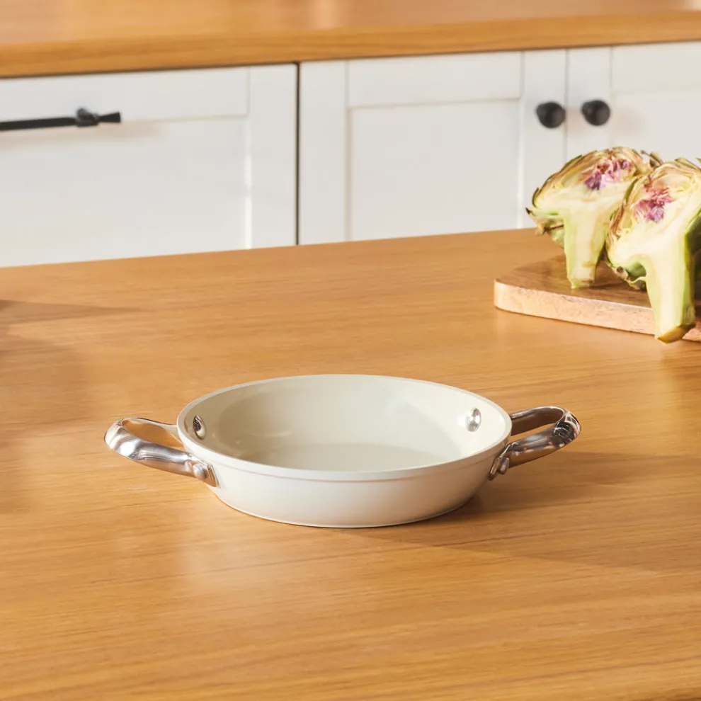 Karaca Swiss Crystal Almond Cream Non-Stick Induction Stainless Steel Handle Shallow Pan, 18cm, Cream