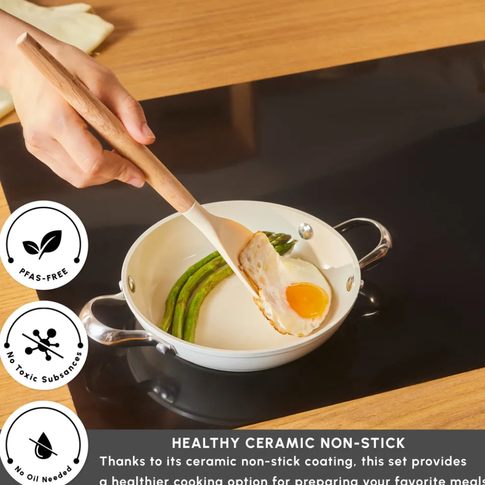 Karaca Swiss Crystal Almond Cream Non-Stick Induction Stainless Steel Handle Shallow Pan, 18cm, Cream