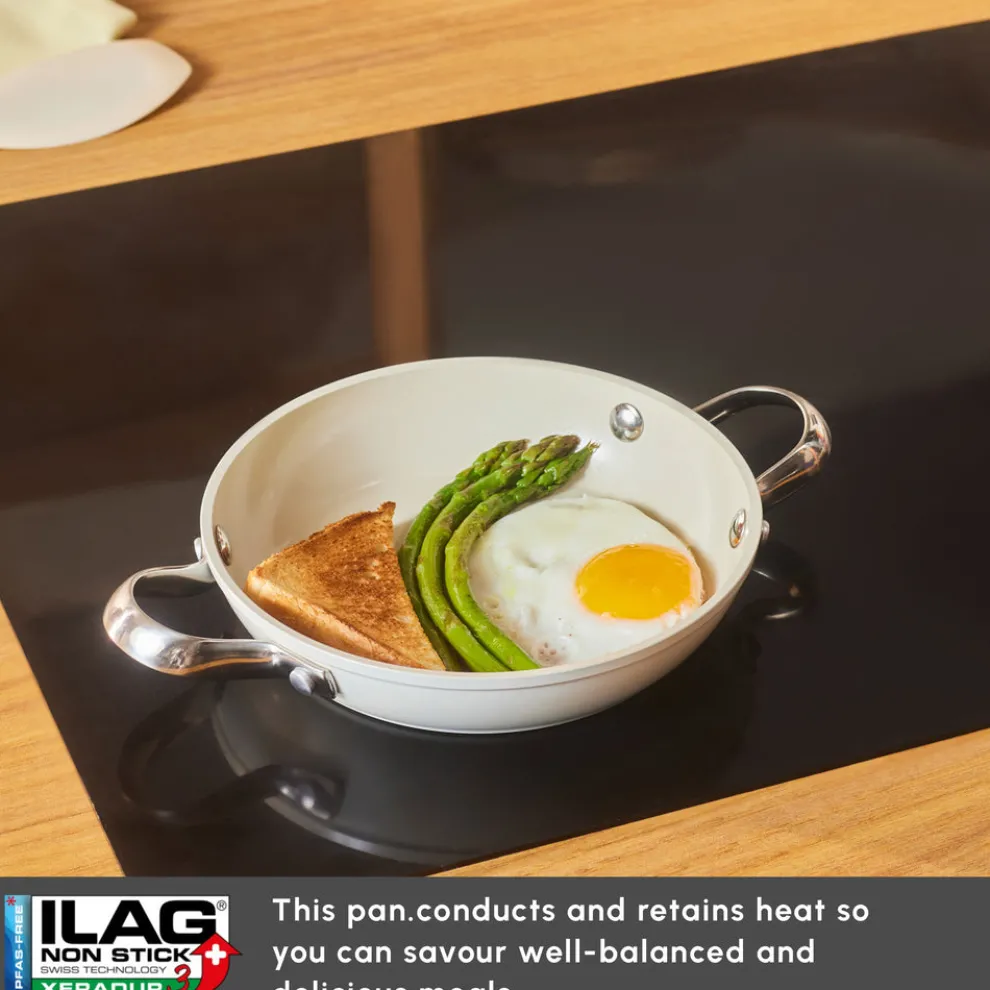 Karaca Swiss Crystal Almond Cream Non-Stick Induction Stainless Steel Handle Shallow Pan, 18cm, Cream