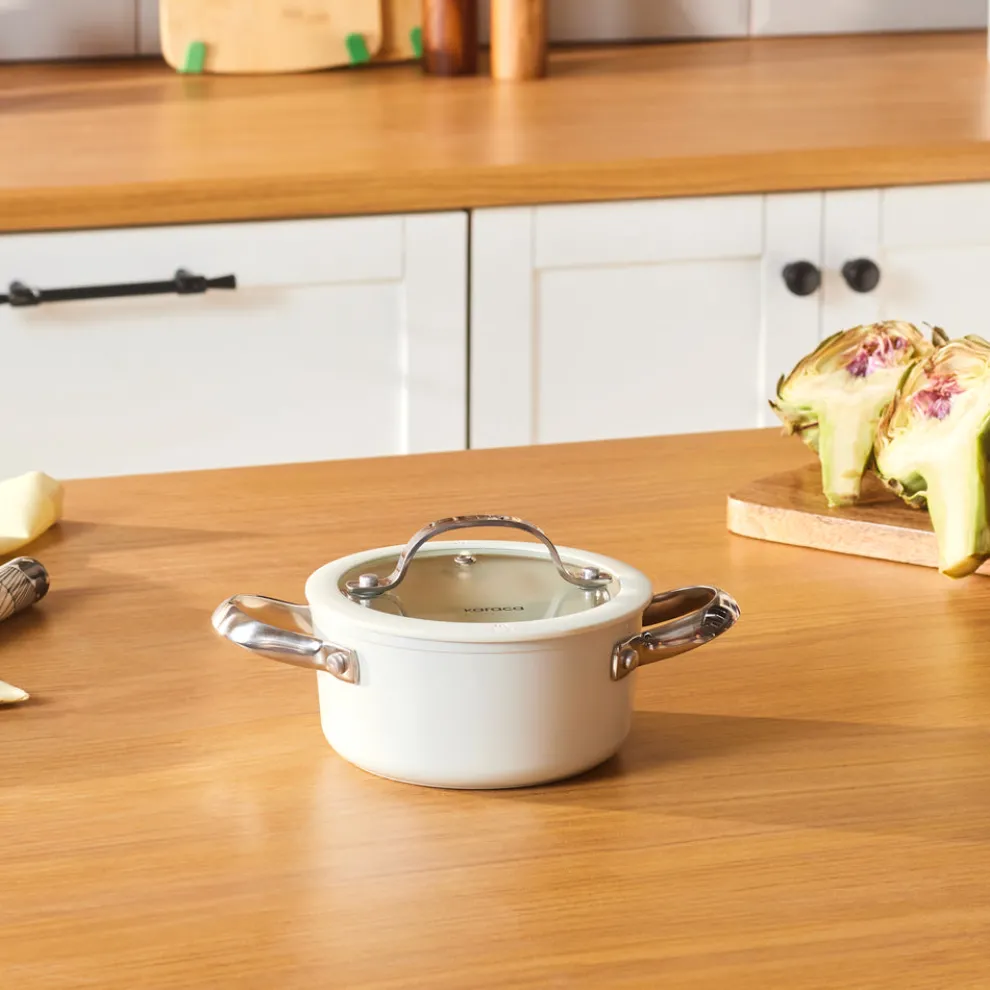 Karaca Swiss Crystal Almond Cream Non-Stick Induction Stainless Steel Handle Casserole & Lid, 14cm, Cream