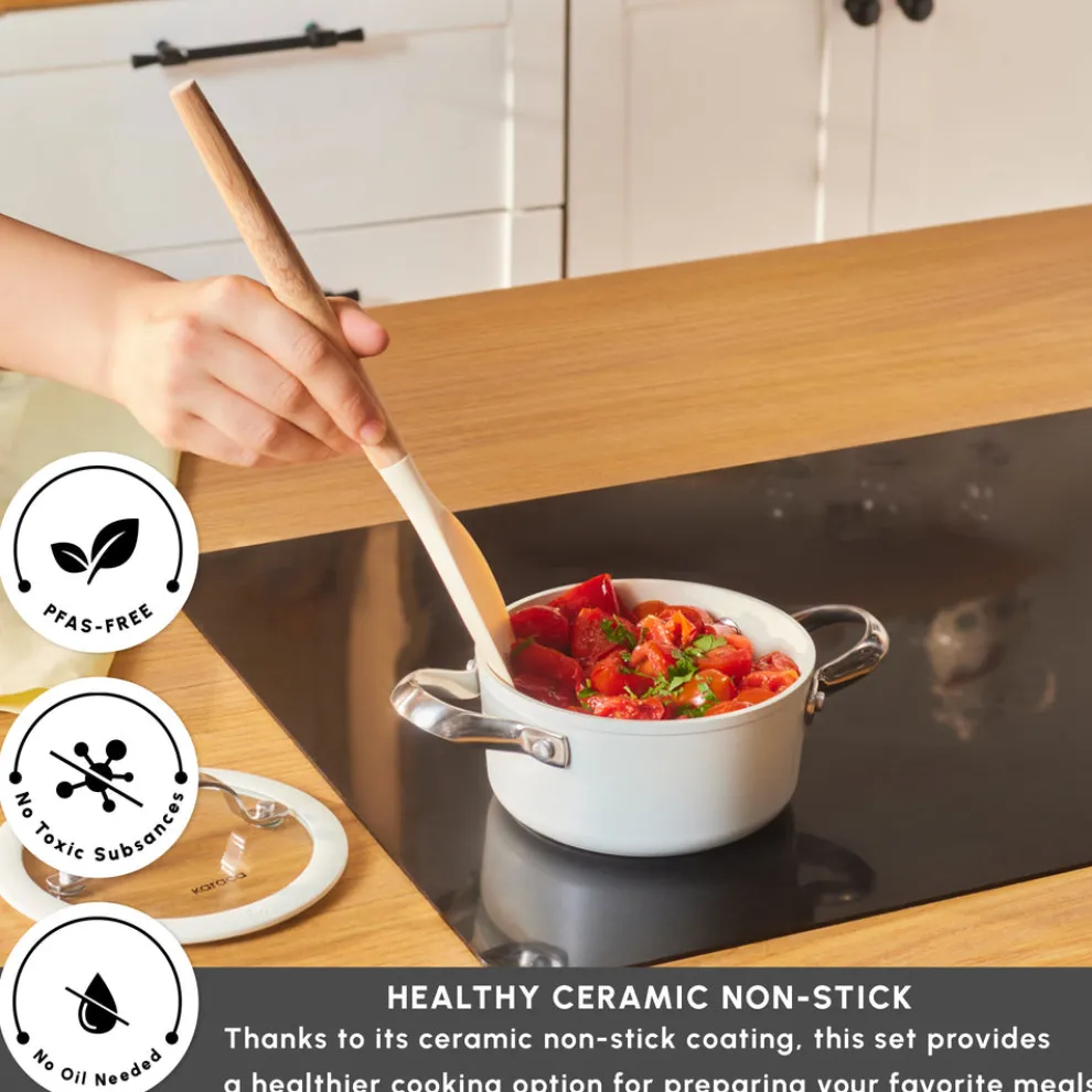 Karaca Swiss Crystal Almond Cream Non-Stick Induction Stainless Steel Handle Casserole & Lid, 14cm, Cream