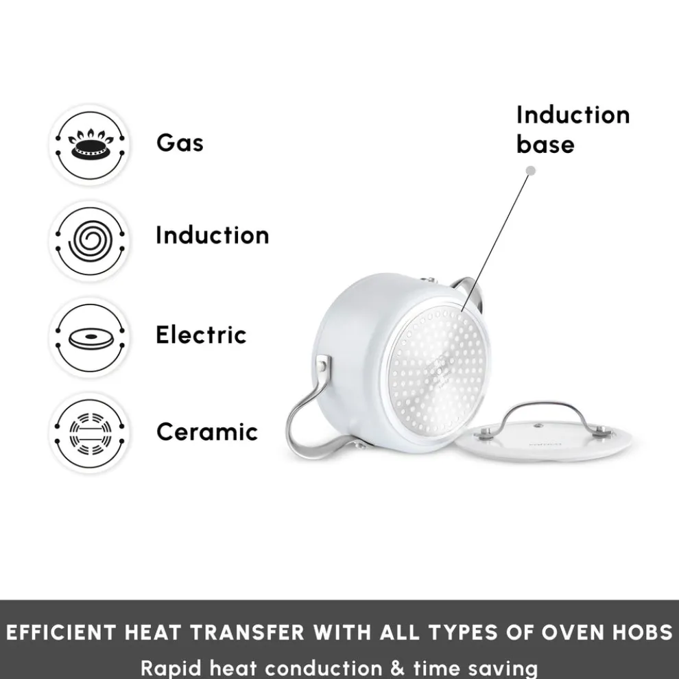 Karaca Swiss Crystal Almond Cream Non-Stick Induction Stainless Steel Handle Casserole & Lid, 14cm, Cream