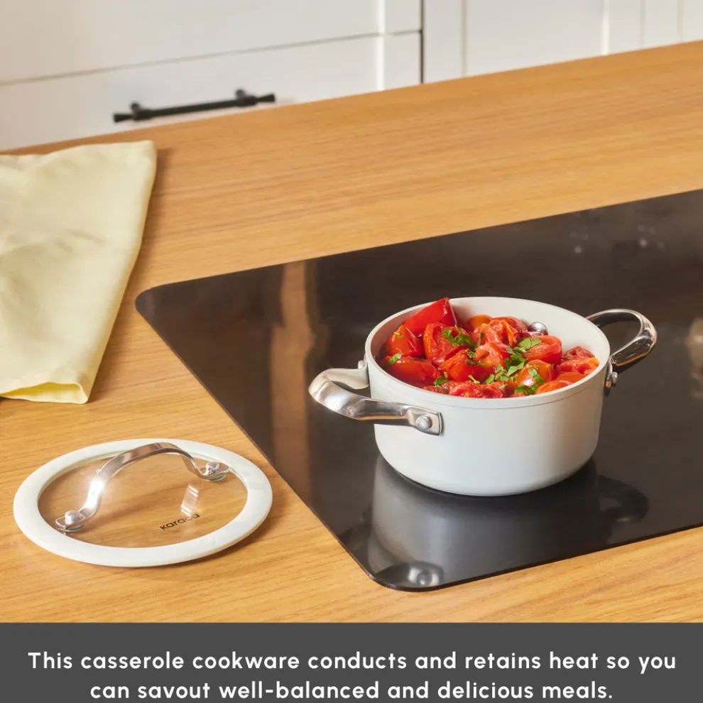 Karaca Swiss Crystal Almond Cream Non-Stick Induction Stainless Steel Handle Casserole & Lid, 14cm, Cream
