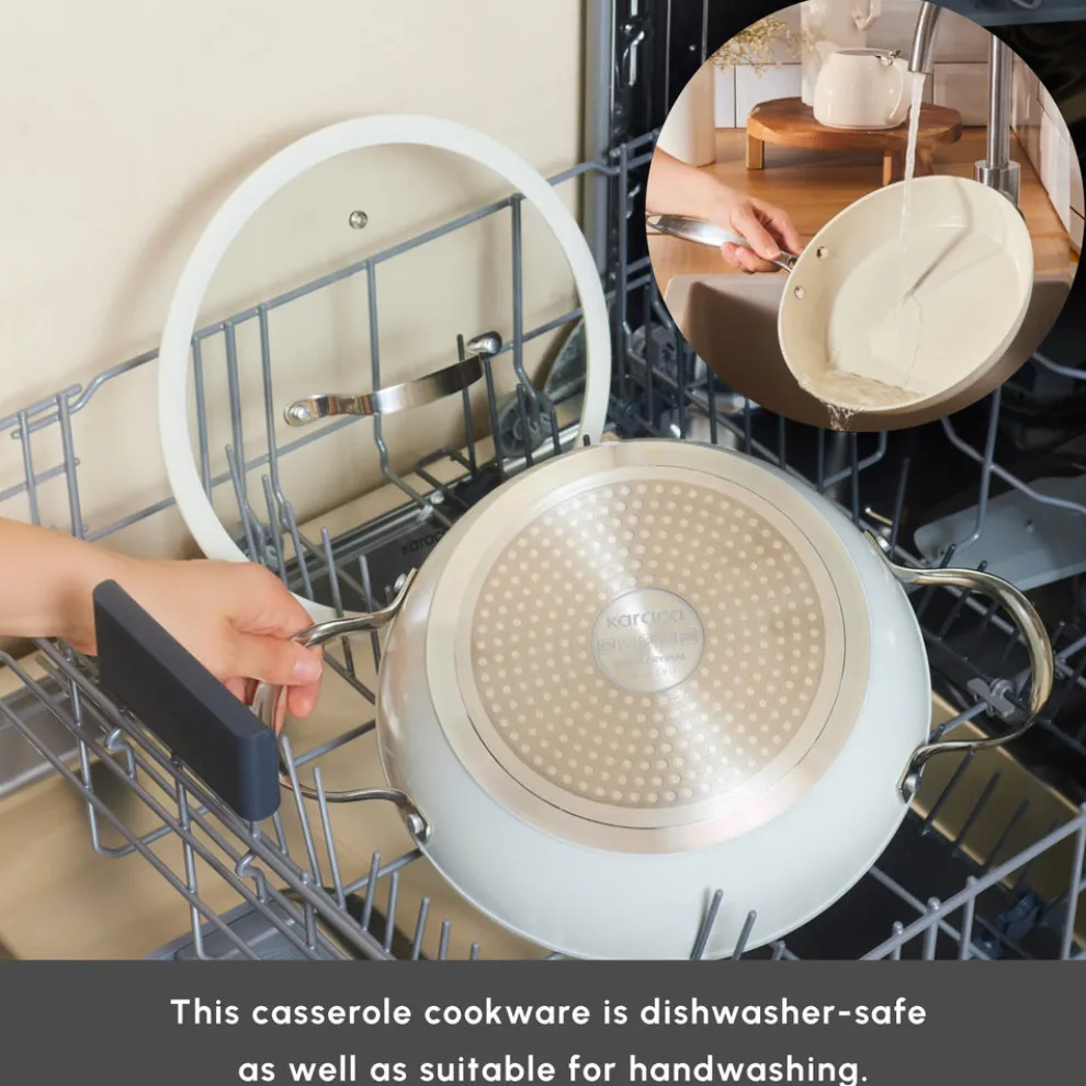 Karaca Swiss Crystal Almond Cream Non-Stick Induction Stainless Steel Handle Casserole & Lid, 14cm, Cream