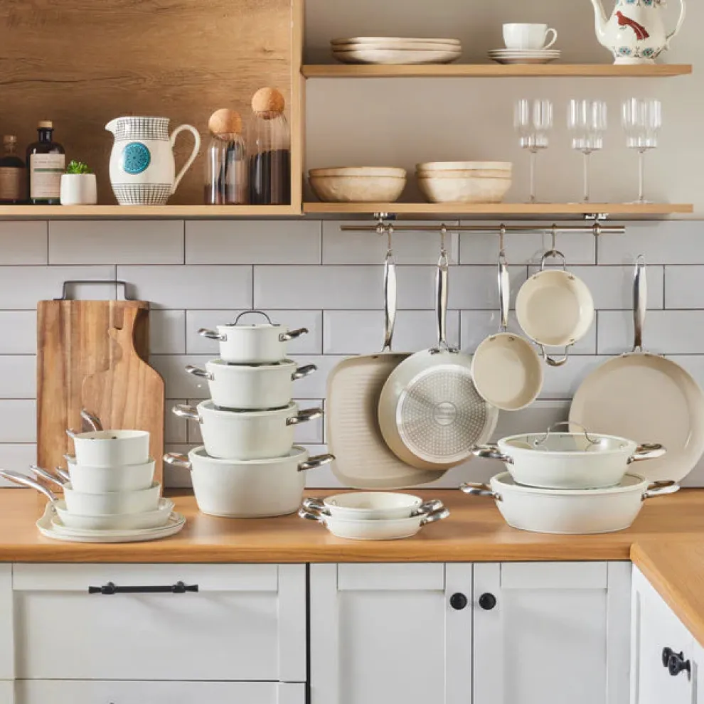 Karaca Swiss Crystal Almond Cream Non-Stick Induction Stainless Steel Handle Casserole & Lid, 14cm, Cream