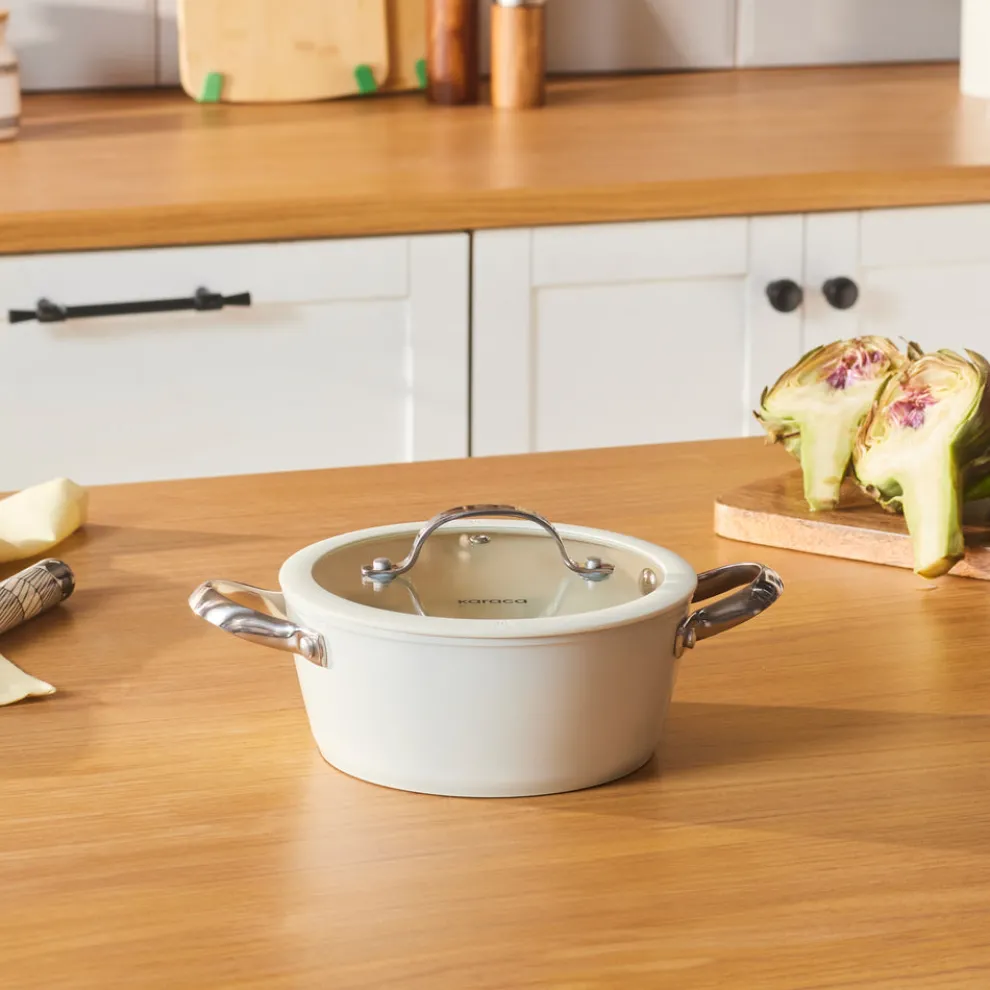 Karaca Swiss Crystal Almond Cream Non-Stick Induction Stainless Steel Handle Casserole & Lid, 18cm, Cream
