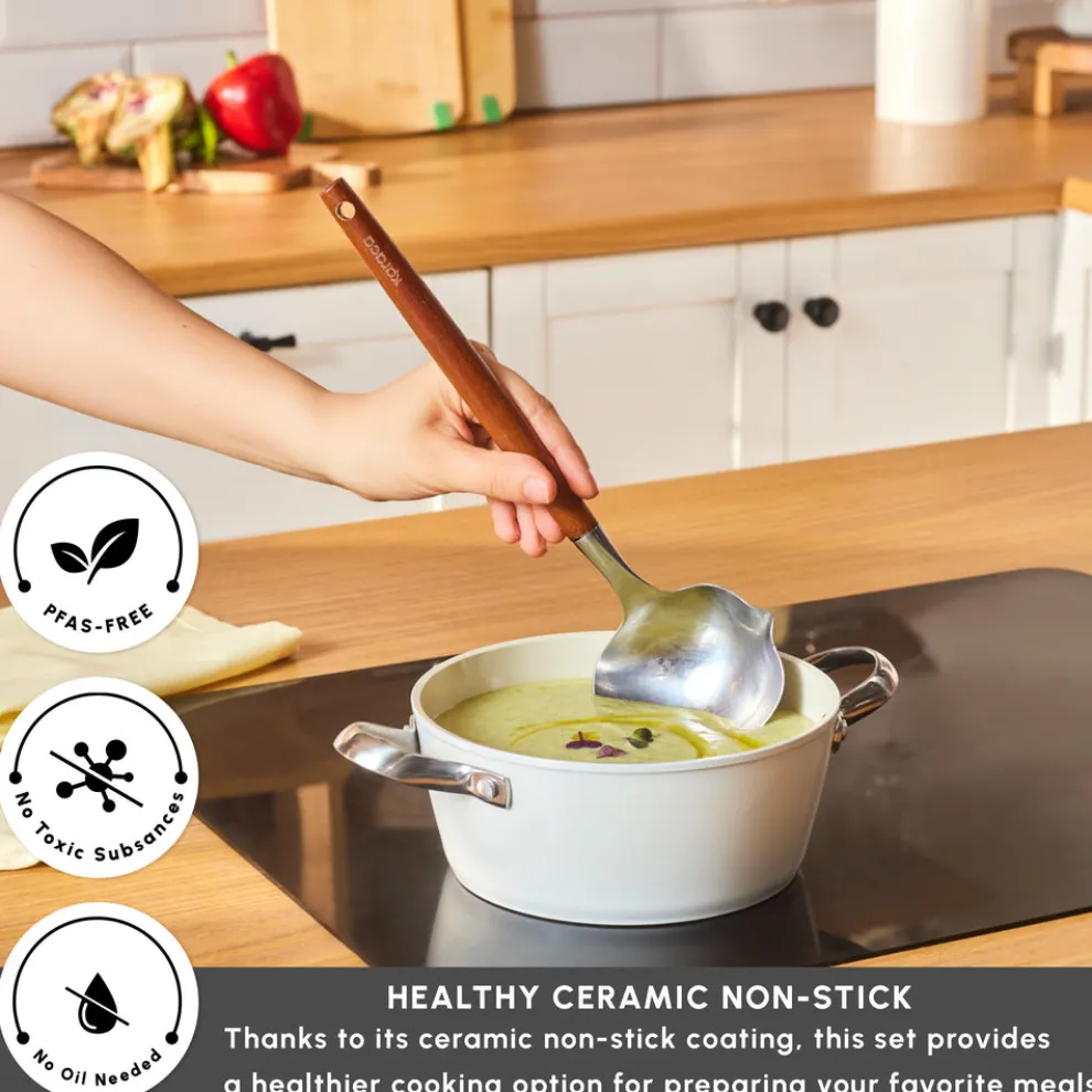 Karaca Swiss Crystal Almond Cream Non-Stick Induction Stainless Steel Handle Casserole & Lid, 18cm, Cream